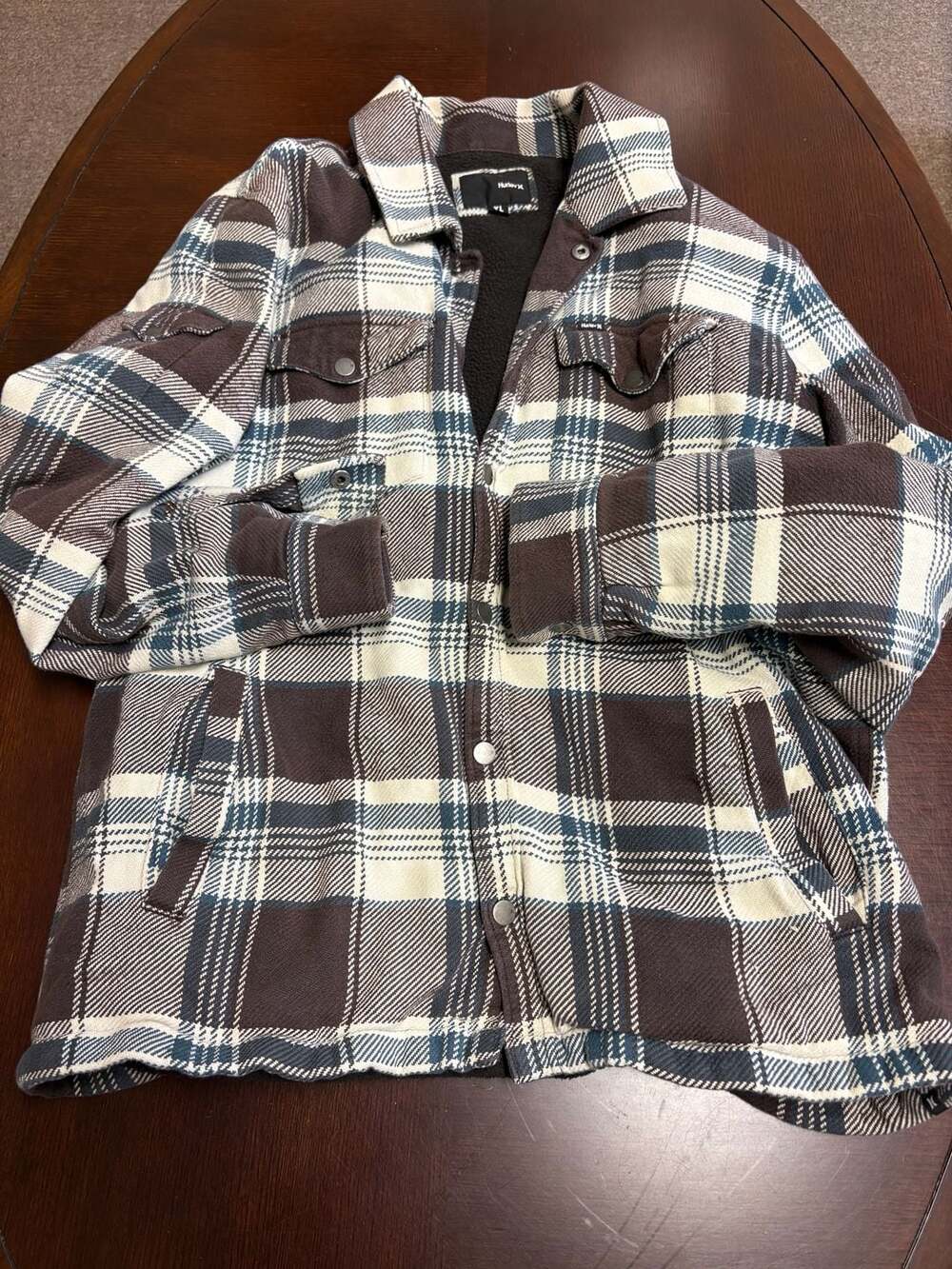 Hurley Men's Brown Blue White Plaid Sherpa Lined Flannel Shacket Size XL